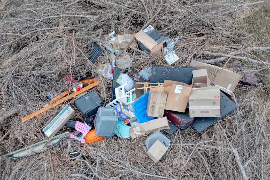 A pile of household waste and discarded items is scattered among dried, leafless branches on the ground in an outdoor setting. The debris includes various cardboard boxes, some partially collapsed or torn, with printed labels and brand markings visible. Among the cardboard, there are plastic containers, a blue plastic basket, small plastic toys, a black plastic drawer unit, and miscellaneous plastics with different textures and finishes. A wooden plank and a metal rod are also partially buried in the mixture of rubbish. The overall scene appears to be an unmanaged outdoor dump site, with waste items loosely piled in a natural environment with sparse vegetation in the background. The lighting is natural, suggesting daytime with overcast or diffuse light. The image illustrates the kind of waste that might be involved in private disposal or illegal dumping, which Waste Disposal Ilford can assist with through proper rubbish removal services to avoid fines for fly tipping and promote responsible waste management practices.